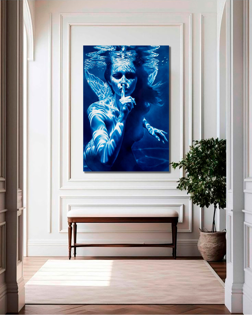 The Mermaid's Enigma – Underwater Female Figure with Blue Water Reflections