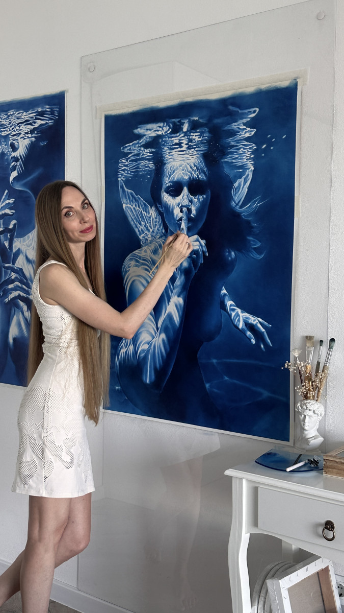 The Mermaid's Enigma – Underwater Female Figure with Blue Water Reflections