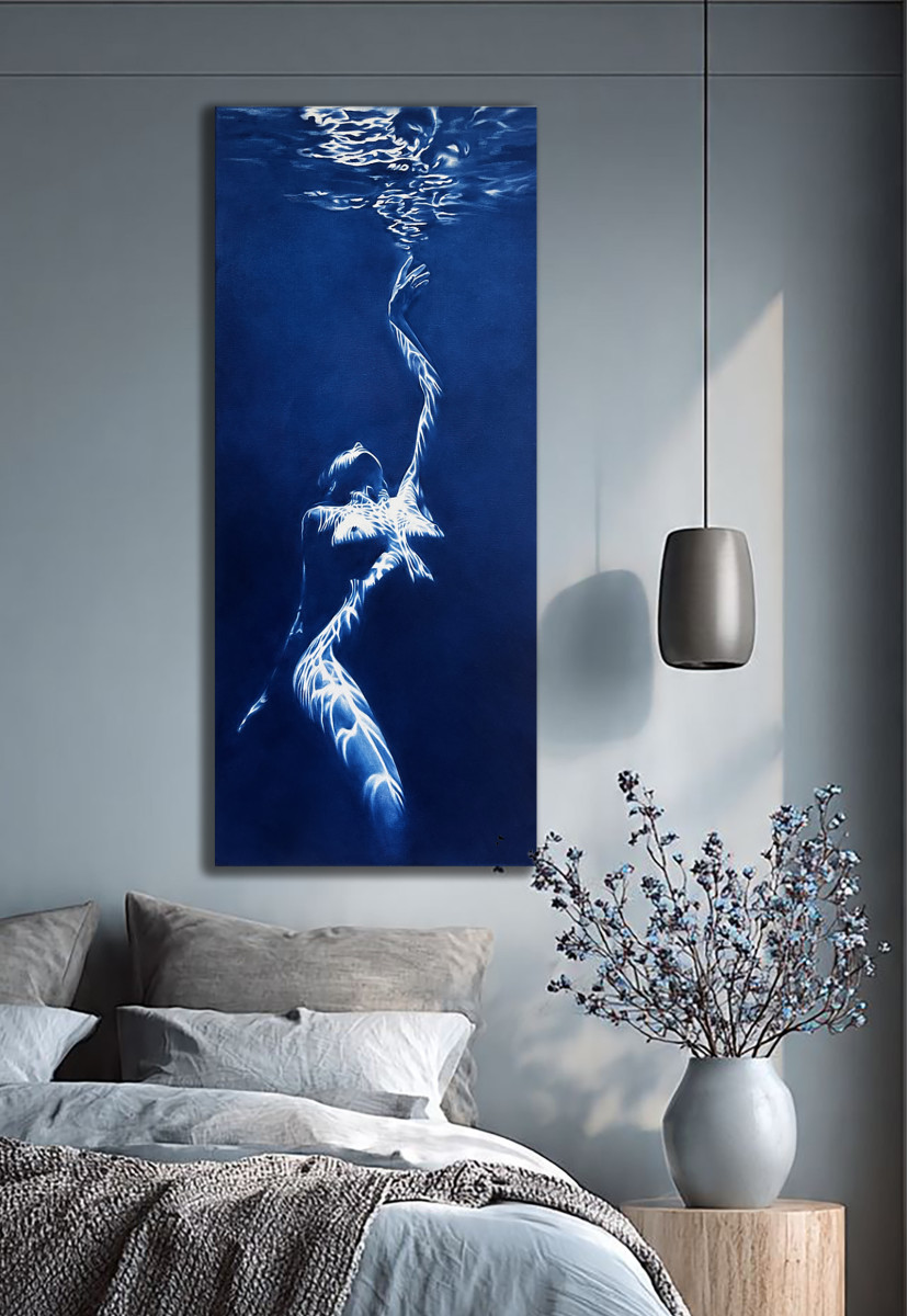 Call of the Siren – Blue Monochrome Underwater Nude Fine Art Print