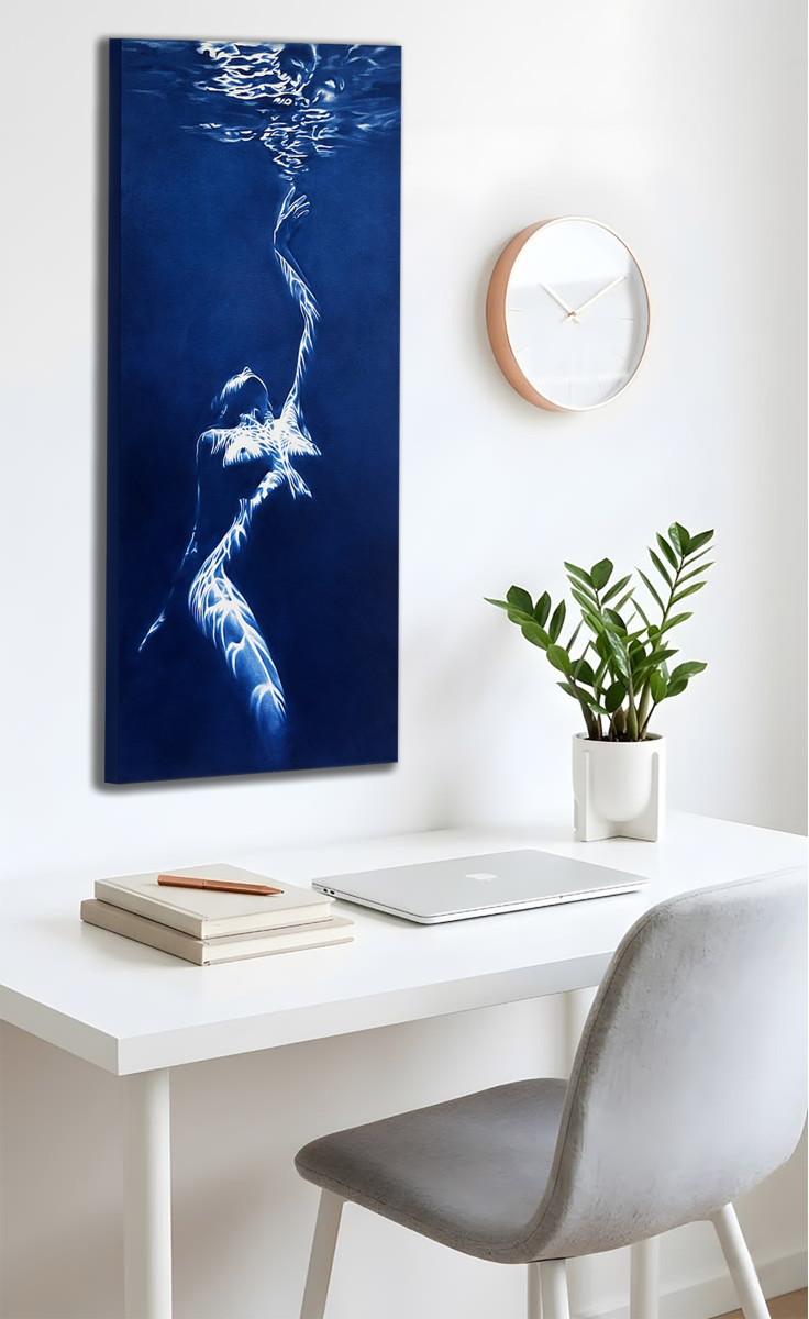 Call of the Siren – Blue Monochrome Underwater Nude Fine Art Print