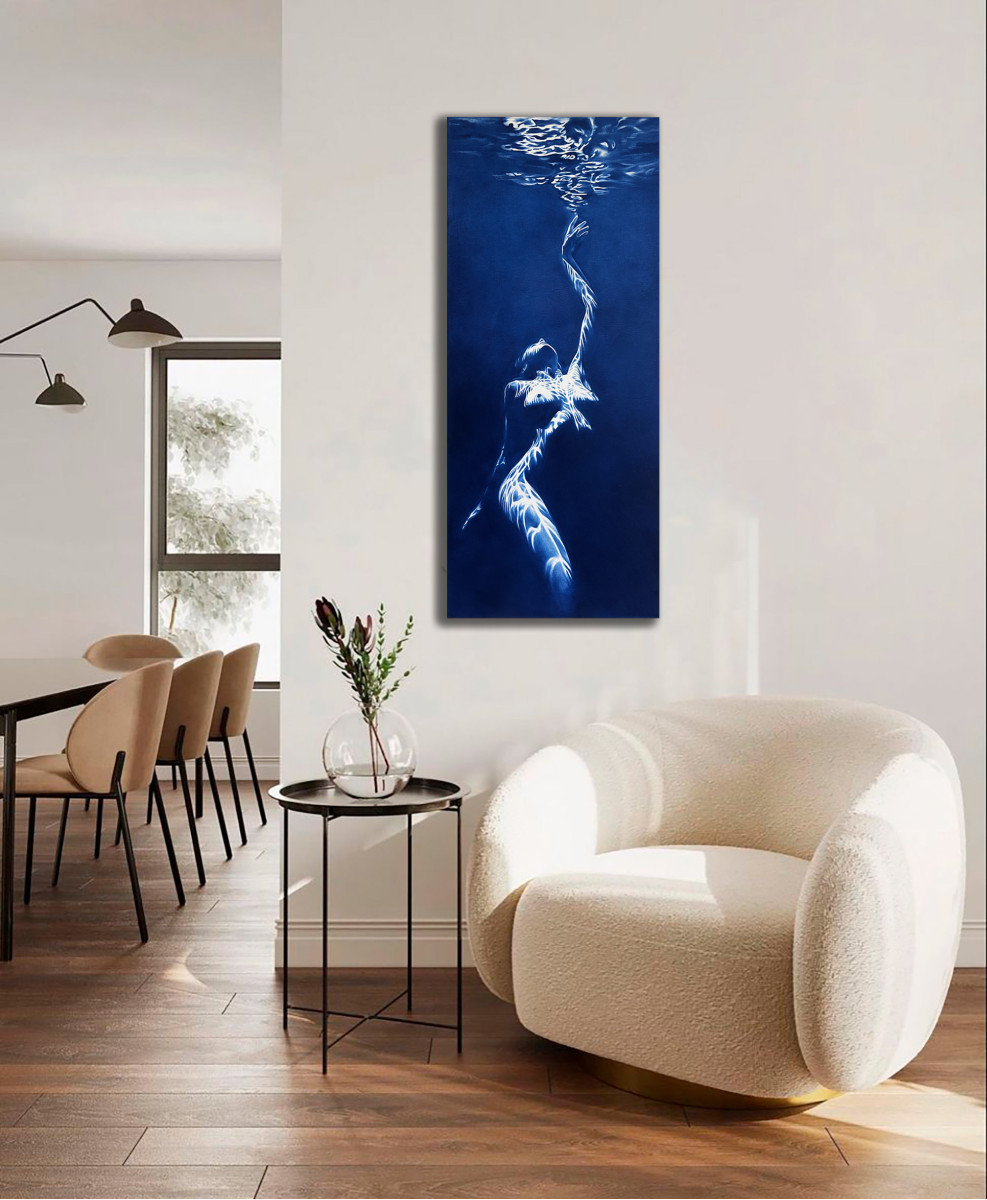 Call of the Siren – Blue Monochrome Underwater Nude Fine Art Print