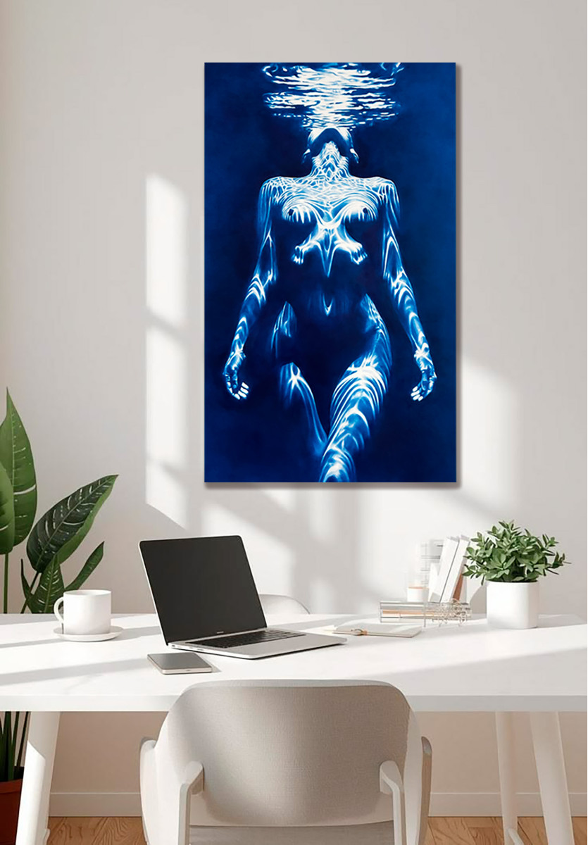 Siren’s Breath Fine Art Print — Underwater Female Figure in Prussian Blue