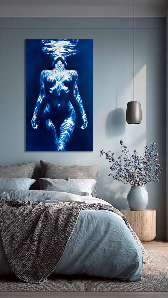 Siren’s Breath Fine Art Print — Underwater Female Figure in Prussian Blue