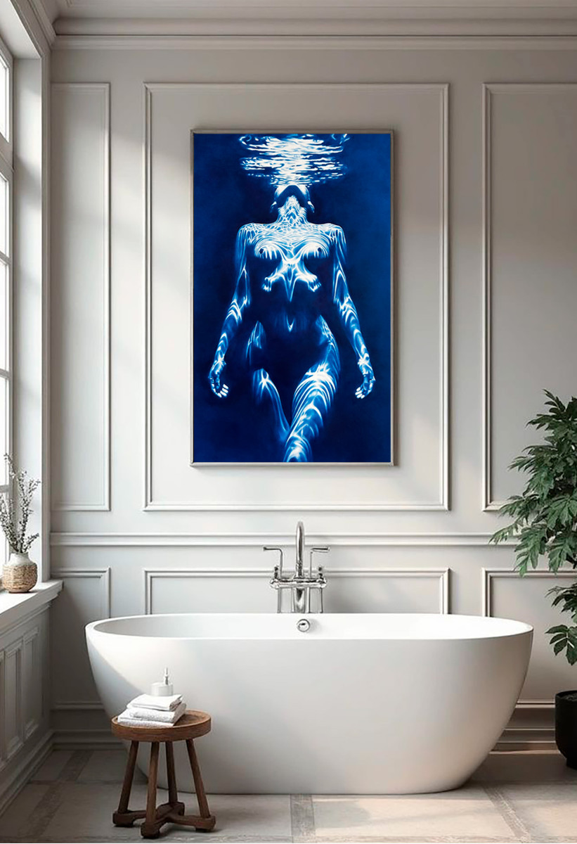 Siren’s Breath Fine Art Print — Underwater Female Figure in Prussian Blue