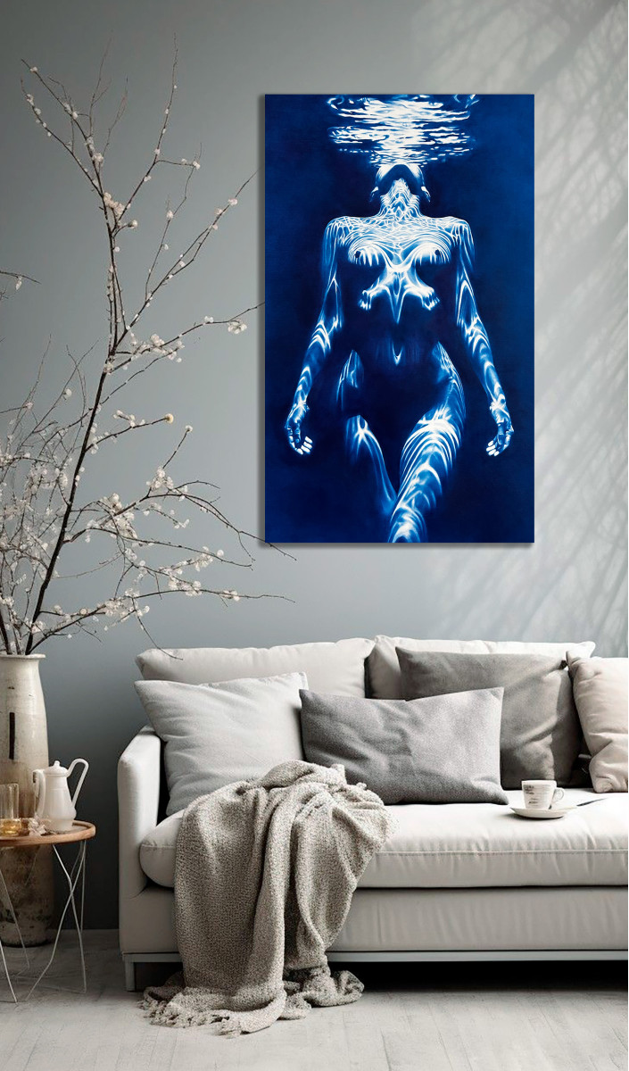Siren’s Breath Fine Art Print — Underwater Female Figure in Prussian Blue
