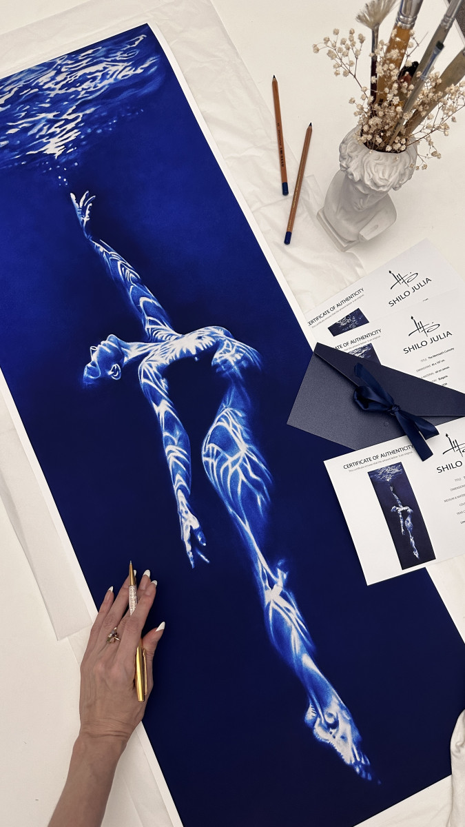 Siren’s Call – Vertical Blue Underwater Nude Limited Edition Print