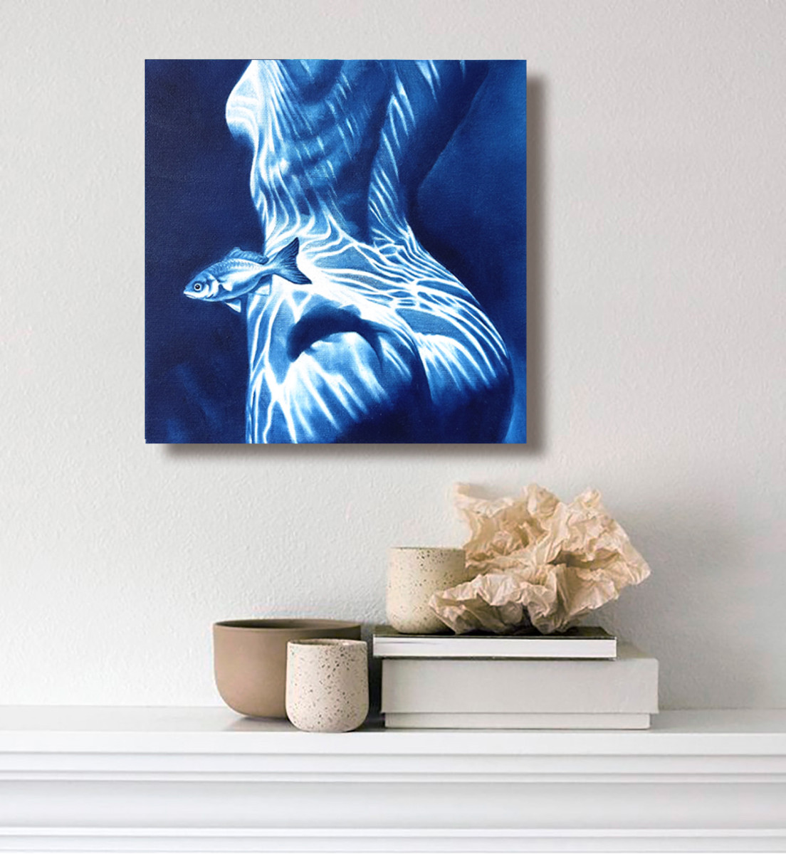 Turn the Other Cheek – Blue Female Nude with Fish Shadow