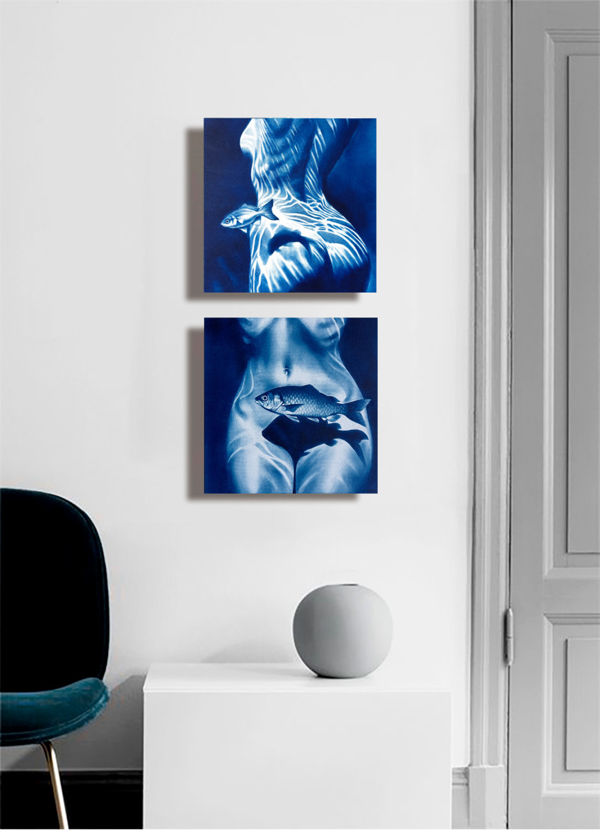 Turn the Other Cheek – Blue Female Nude with Fish Shadow
