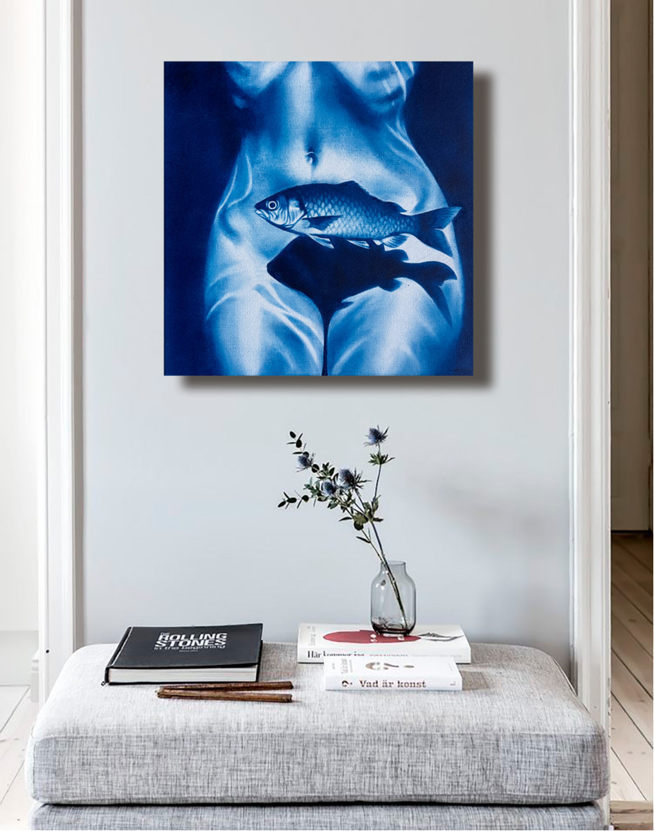 Something Fishy – Blue Female Nude with Fish Shadow