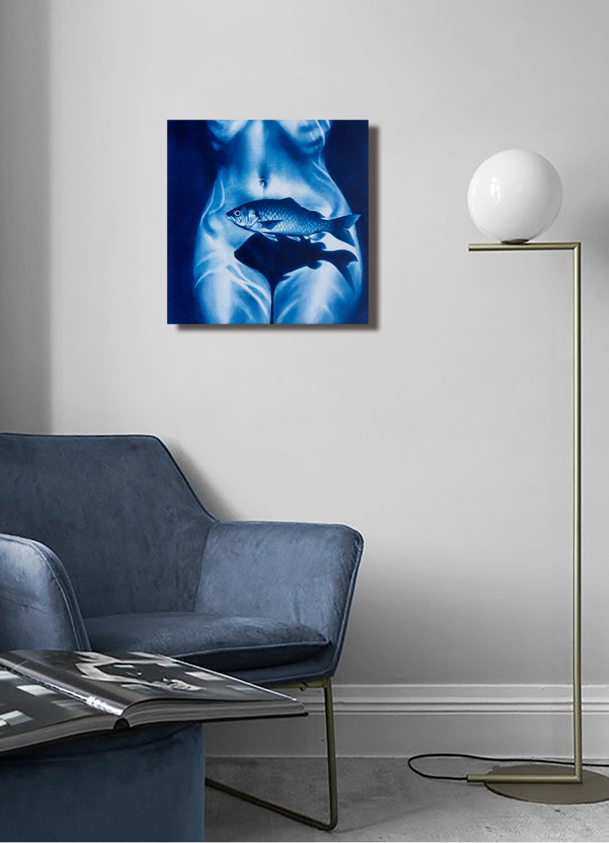 Something Fishy – Blue Female Nude with Fish Shadow