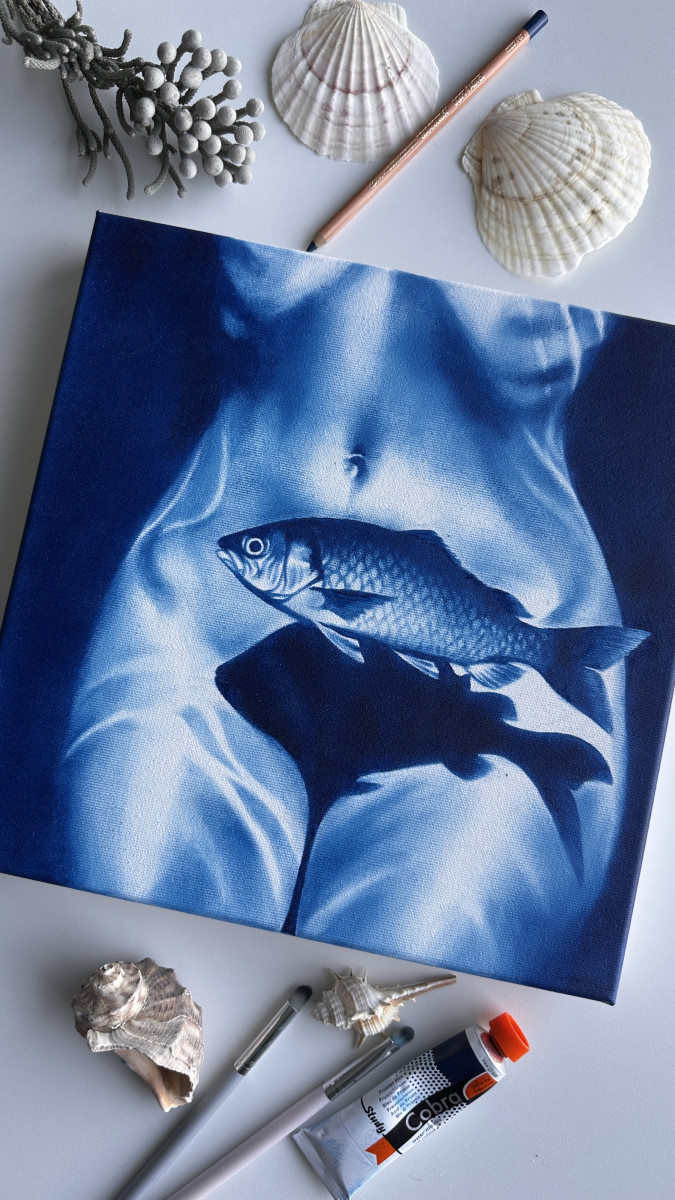Something Fishy – Original Blue Underwater Nude  with Fish