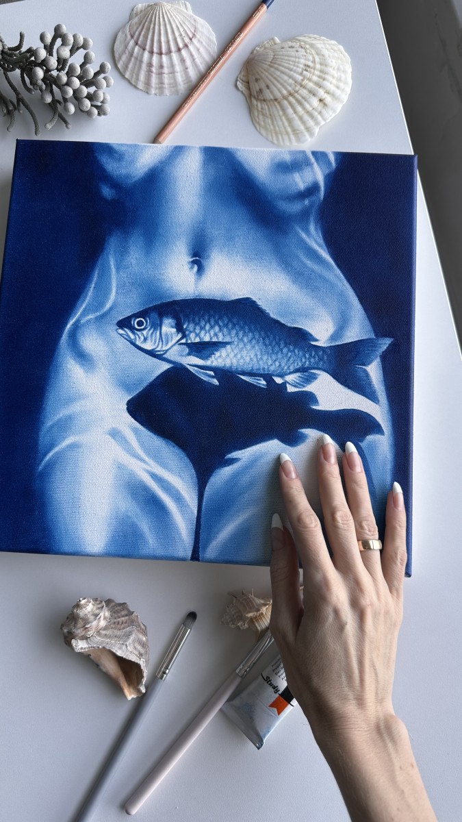 Something Fishy – Original Blue Underwater Nude  with Fish