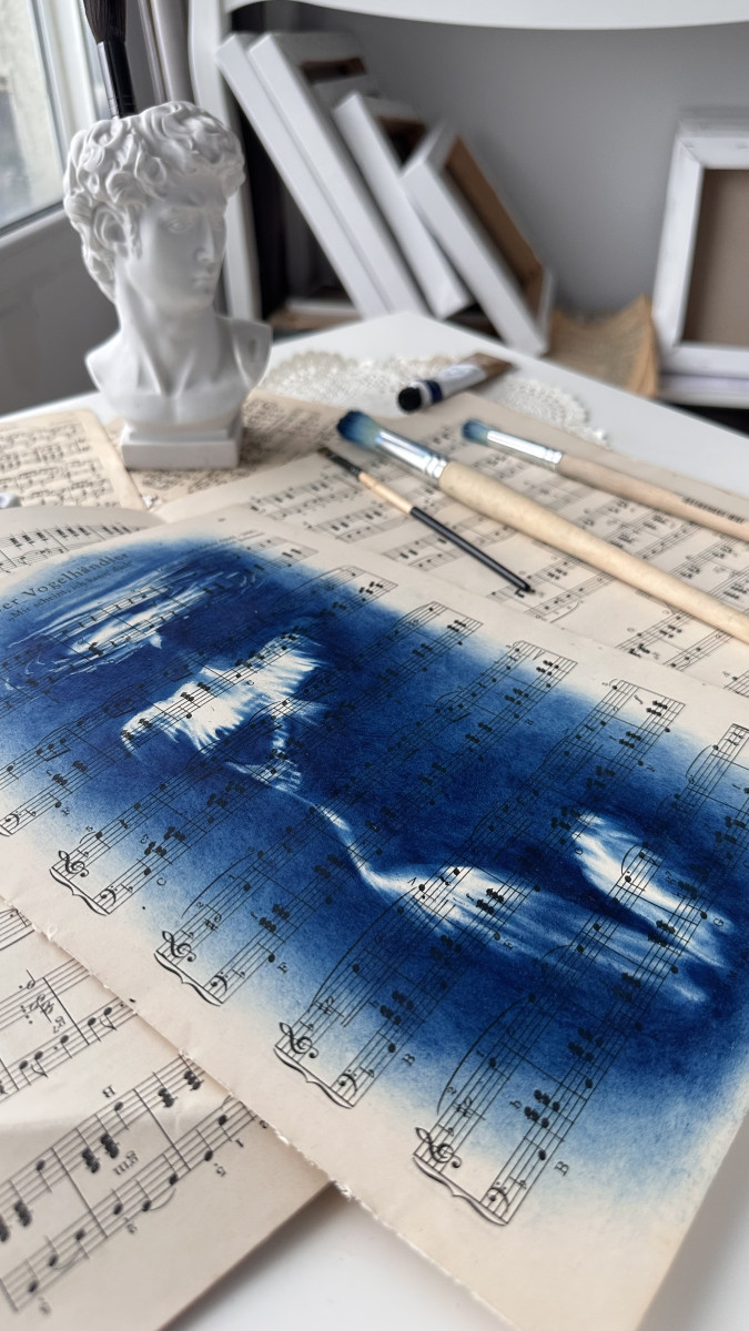 Muse №3 - Contemporary Blue Figurative Painting on Vintage Sheet Music – Female Form, Cyanotype Style, Inspirational Art Series