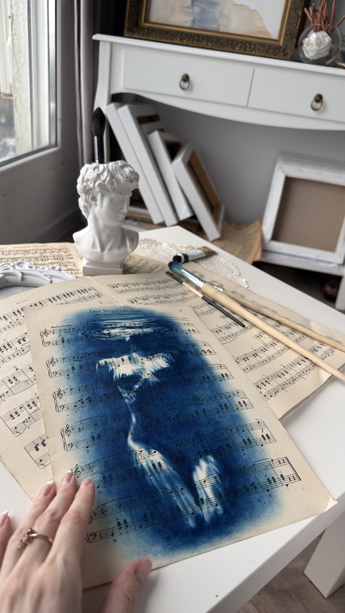 Muse №3 - Contemporary Blue Figurative Painting on Vintage Sheet Music – Female Form, Cyanotype Style, Inspirational Art Series