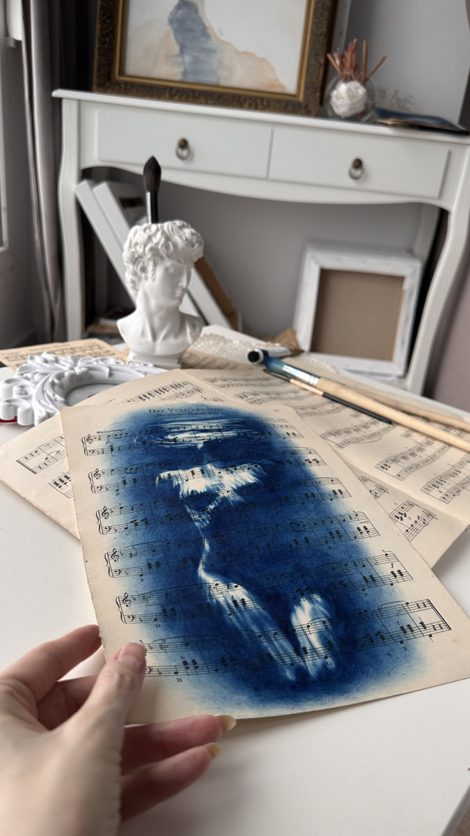 Muse №3 - Contemporary Blue Figurative Painting on Vintage Sheet Music – Female Form, Cyanotype Style, Inspirational Art Series