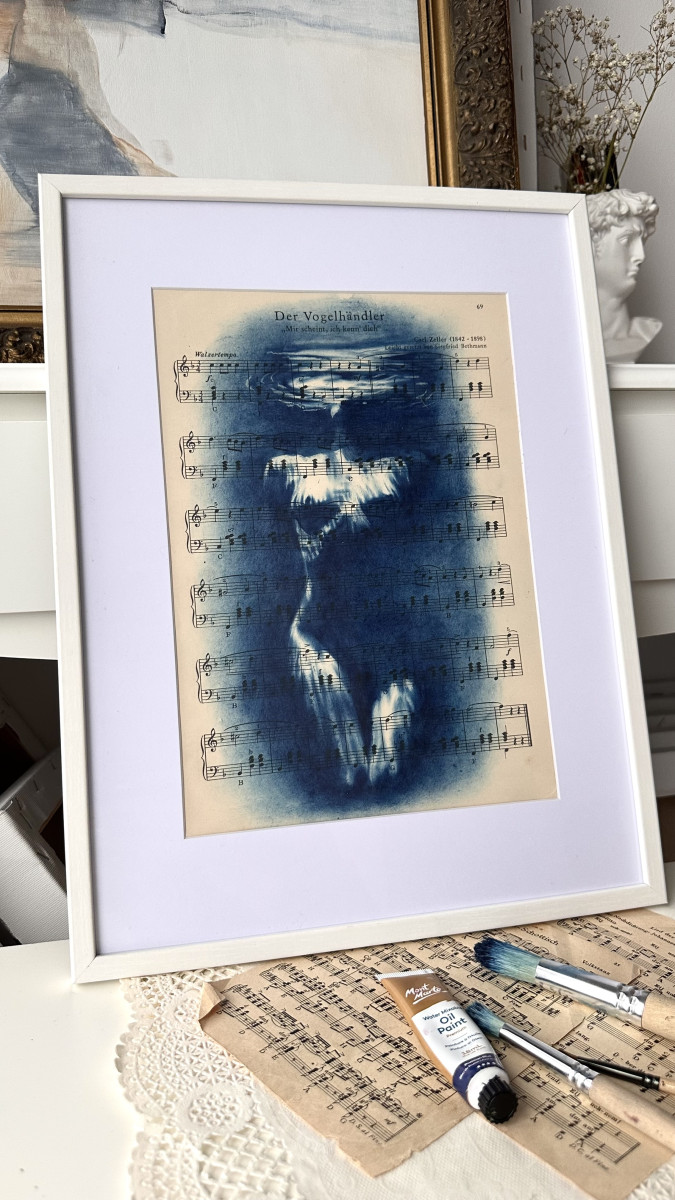 Muse №3 - Contemporary Blue Figurative Painting on Vintage Sheet Music – Female Form, Cyanotype Style, Inspirational Art Series
