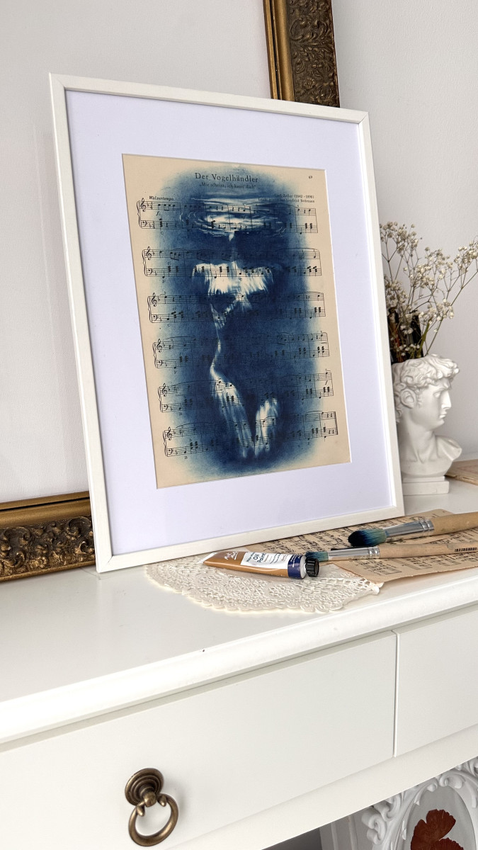 Muse №3 - Contemporary Blue Figurative Painting on Vintage Sheet Music – Female Form, Cyanotype Style, Inspirational Art Series
