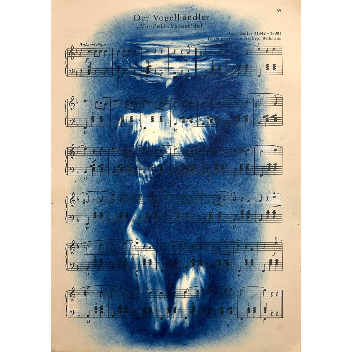 Muse №3 - Contemporary Blue Figurative Painting on Vintage Sheet Music – Female Form, Cyanotype Style, Inspirational Art Series