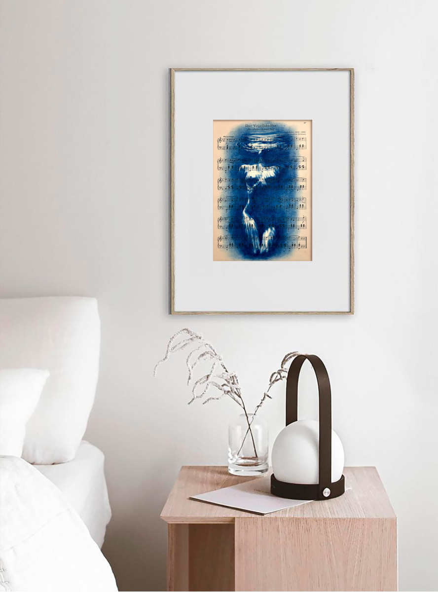 Muse №3 - Contemporary Blue Figurative Painting on Vintage Sheet Music – Female Form, Cyanotype Style, Inspirational Art Series