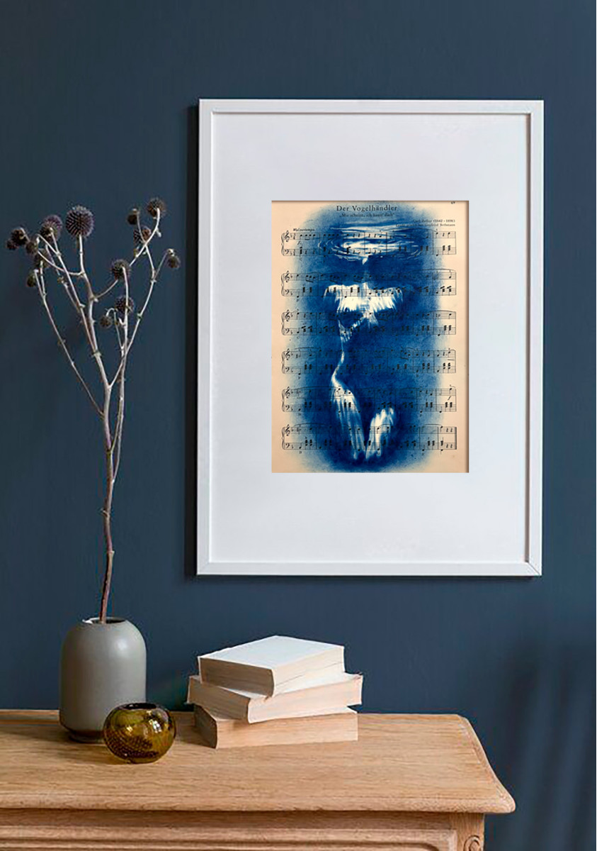 Muse №3 - Contemporary Blue Figurative Painting on Vintage Sheet Music – Female Form, Cyanotype Style, Inspirational Art Series