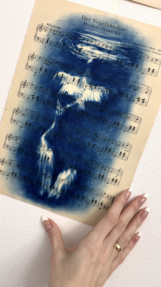 Muse №3 - Contemporary Blue Figurative Painting on Vintage Sheet Music – Female Form, Cyanotype Style, Inspirational Art Series