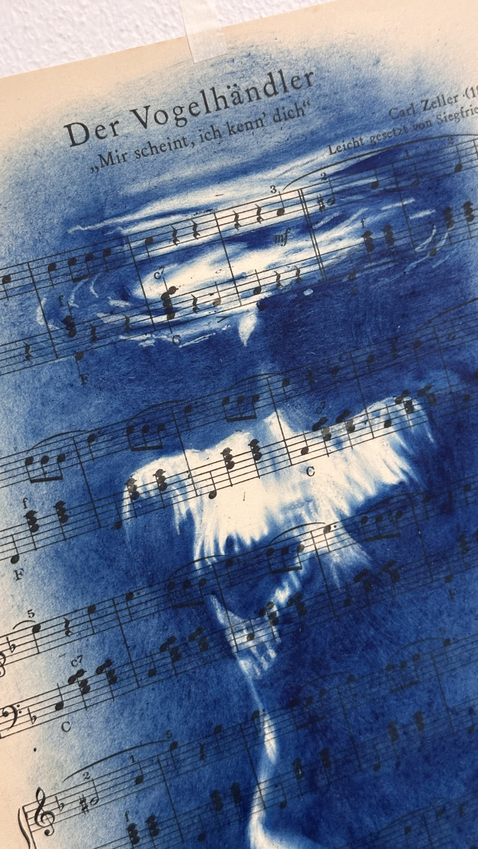 Muse №3 - Contemporary Blue Figurative Painting on Vintage Sheet Music – Female Form, Cyanotype Style, Inspirational Art Series