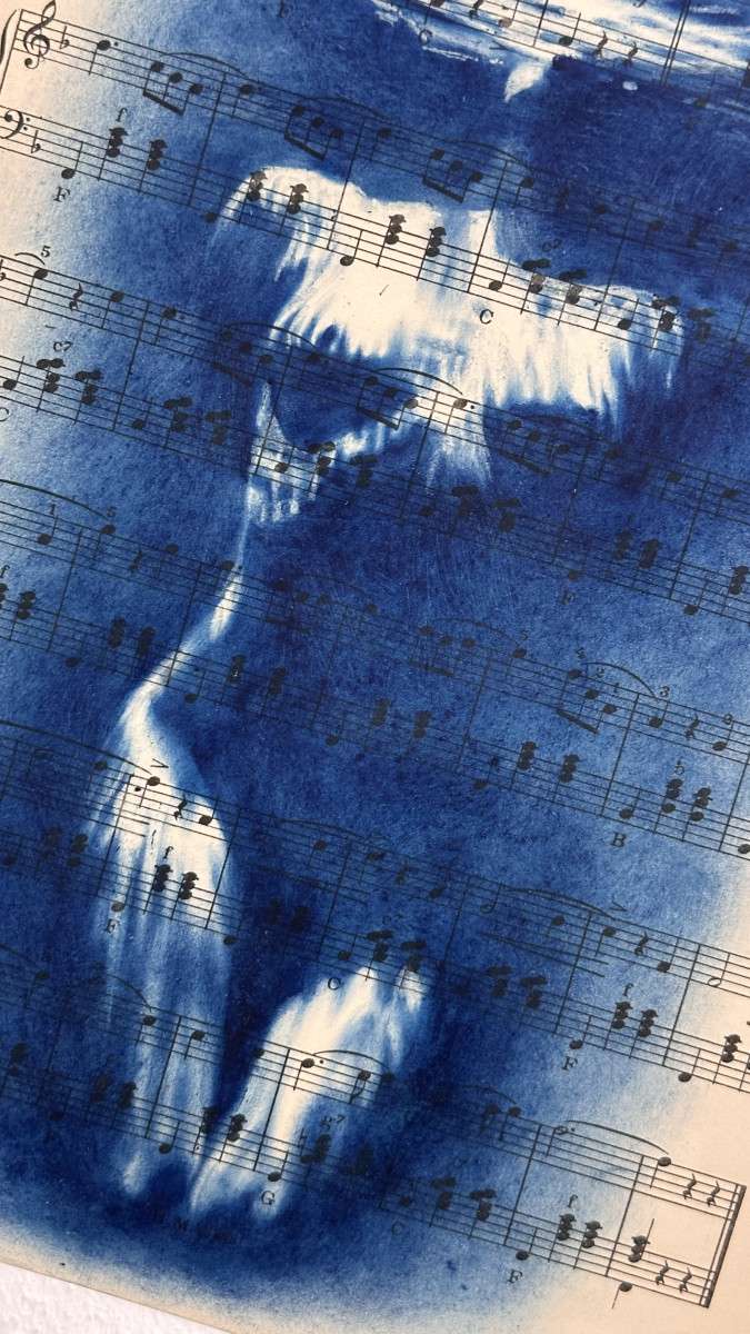 Muse №3 - Contemporary Blue Figurative Painting on Vintage Sheet Music – Female Form, Cyanotype Style, Inspirational Art Series