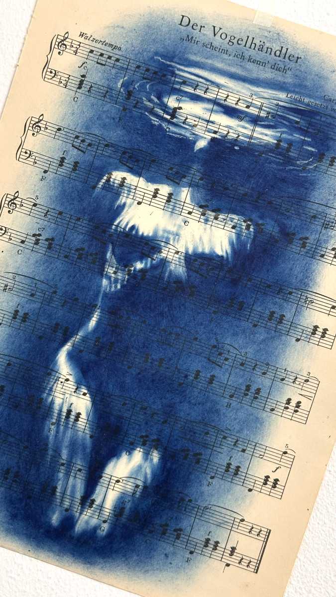 Muse №3 - Contemporary Blue Figurative Painting on Vintage Sheet Music – Female Form, Cyanotype Style, Inspirational Art Series