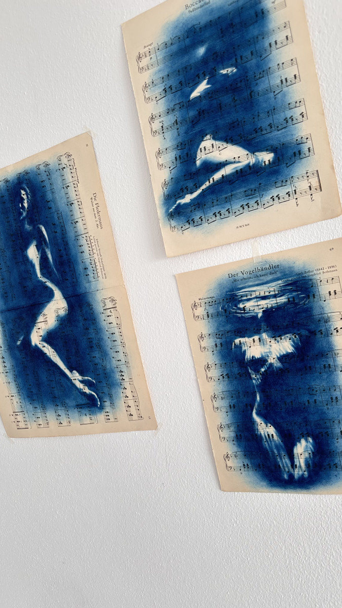 Muse №3 - Contemporary Blue Figurative Painting on Vintage Sheet Music – Female Form, Cyanotype Style, Inspirational Art Series