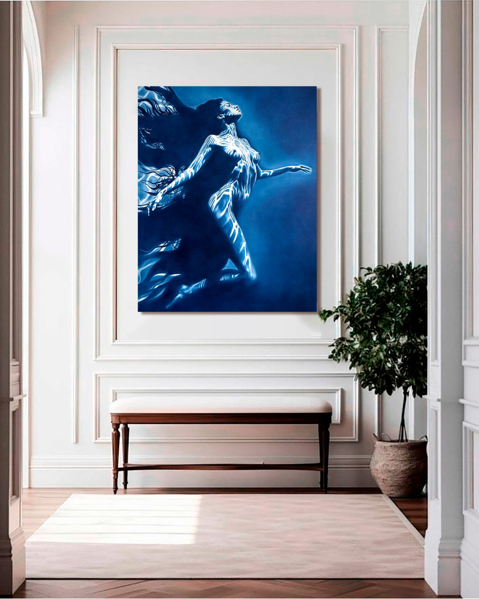 Carrying the Light – Underwater Female Nude in Deep Blue