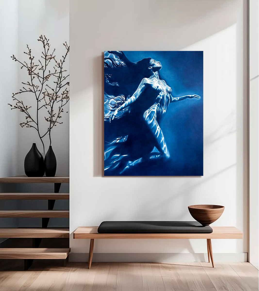 Carrying the Light – Underwater Female Nude in Deep Blue
