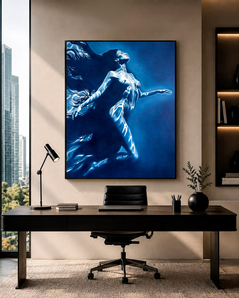 Carrying the Light – Underwater Female Nude in Deep Blue
