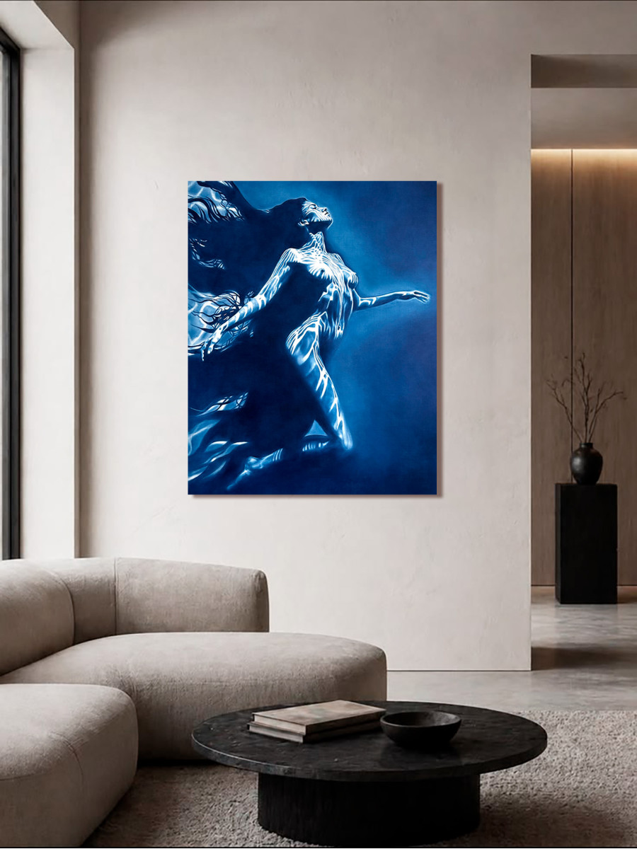 Carrying the Light – Underwater Female Nude in Deep Blue