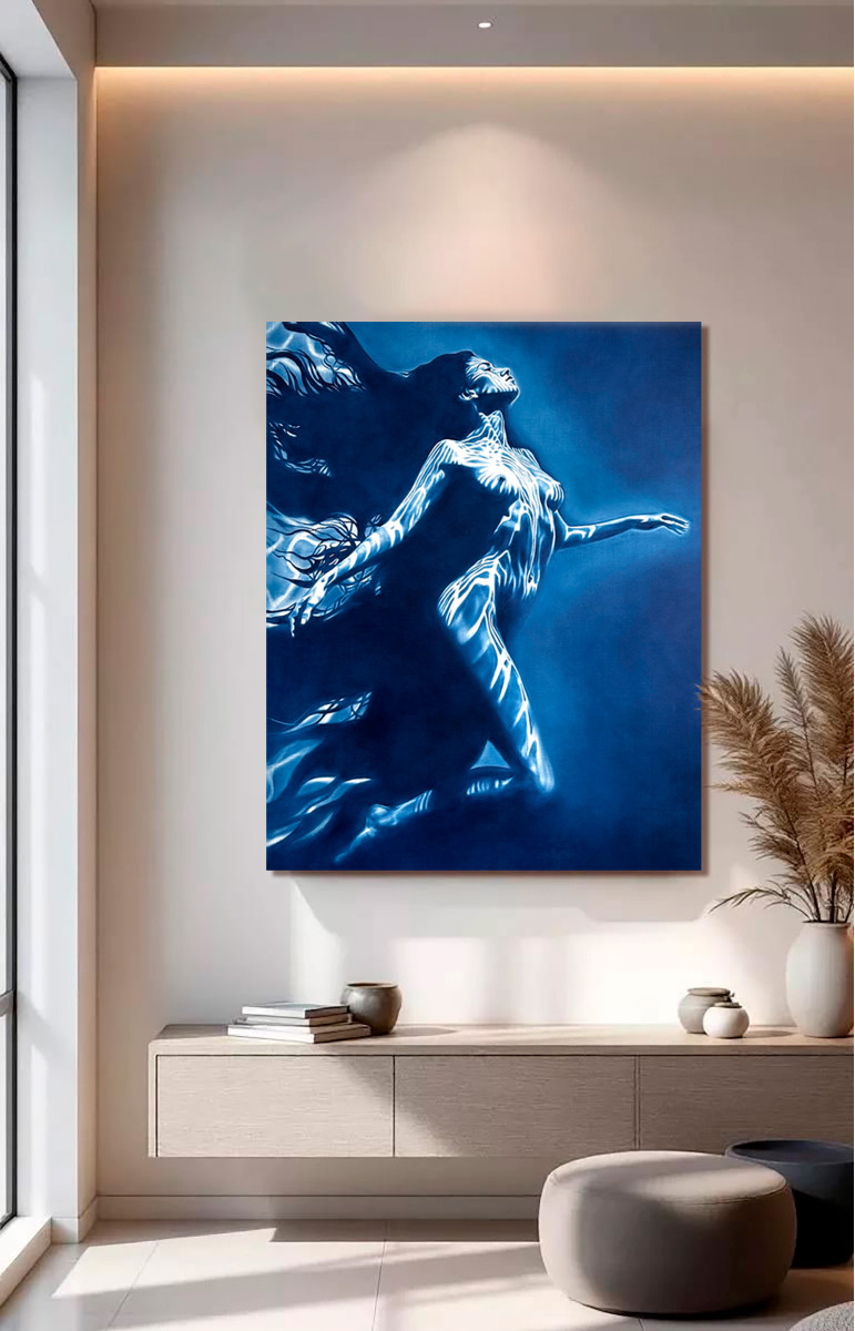 Carrying the Light – Underwater Female Nude in Deep Blue