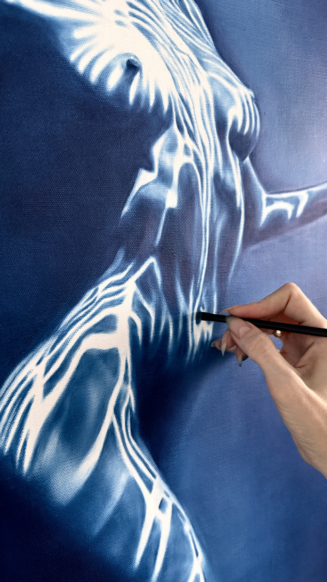 Carrying the Light – Underwater Female Nude in Deep Blue
