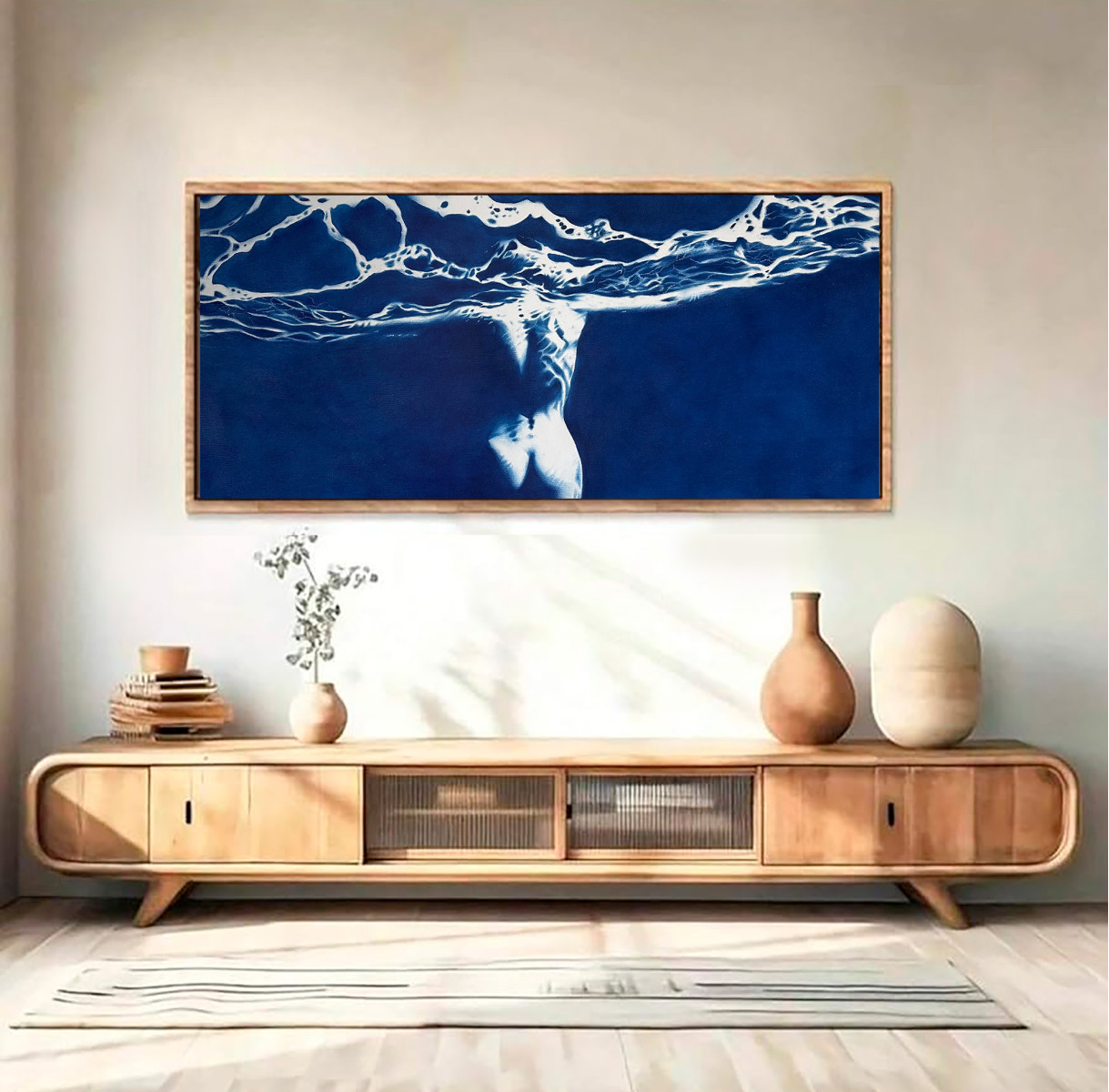 Large Blue Siren Painting – Mythological Water Figure