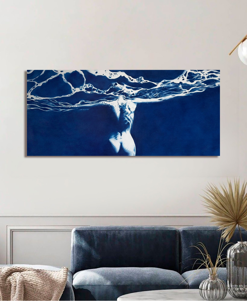 Large Blue Siren Painting – Mythological Water Figure