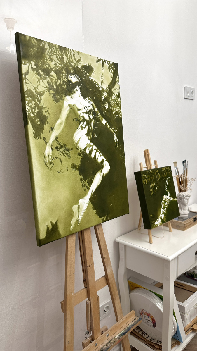 Forest Nymph's Revelation - Olive Green Floating in Water Nude