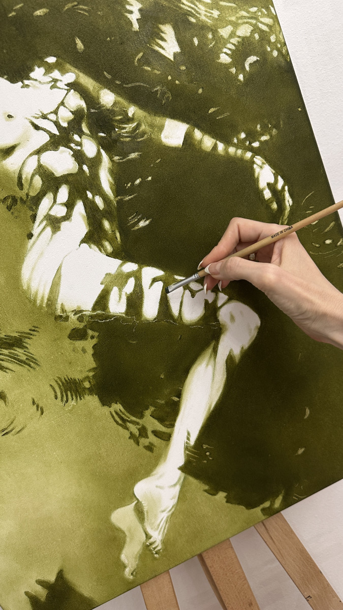 Forest Nymph's Revelation - Olive Green Floating in Water Nude