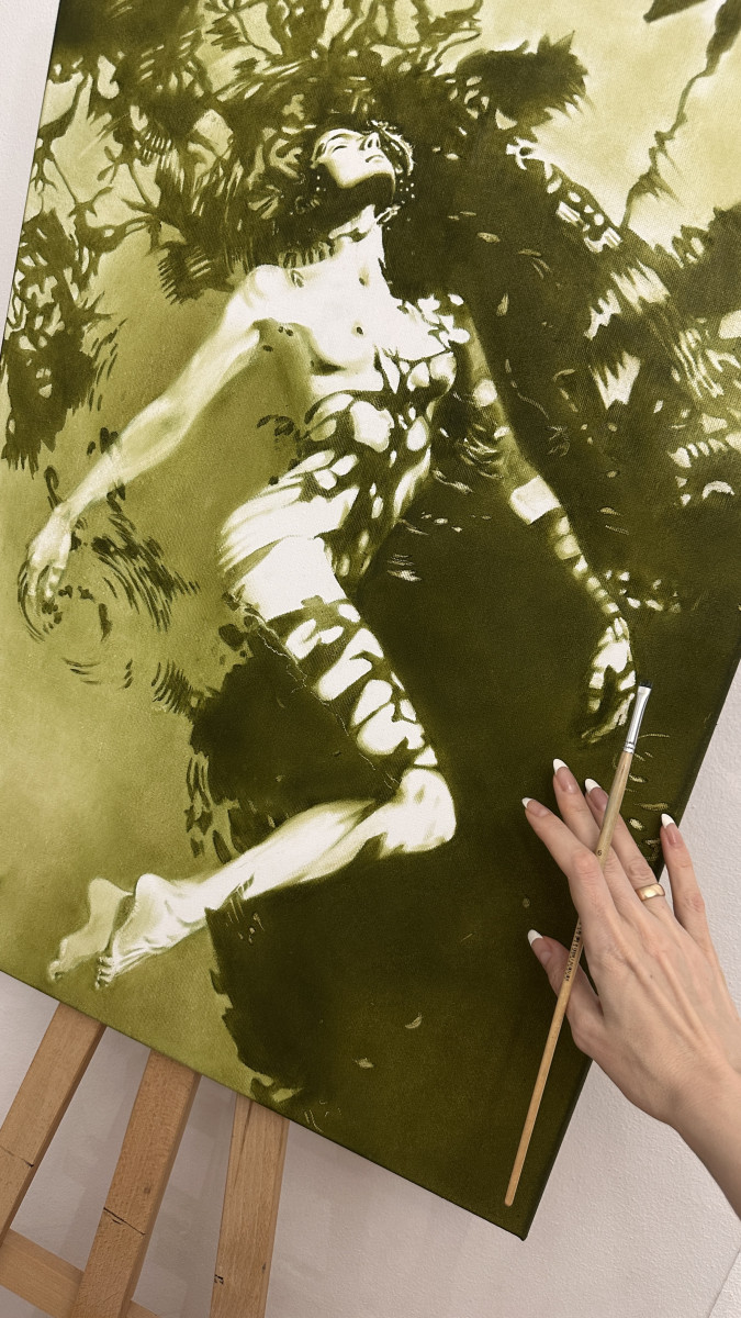 Forest Nymph's Revelation - Olive Green Floating in Water Nude