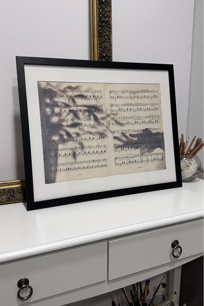 Shadow Sonata No.1 — Pastel Silhouette Art on Vintage Music Sheet