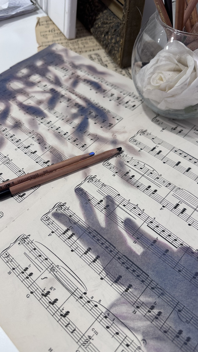 Shadow Sonata No.1 — Pastel Silhouette Art on Vintage Music Sheet