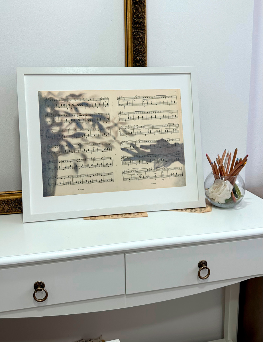 Shadow Sonata No.1 — Pastel Silhouette Art on Vintage Music Sheet
