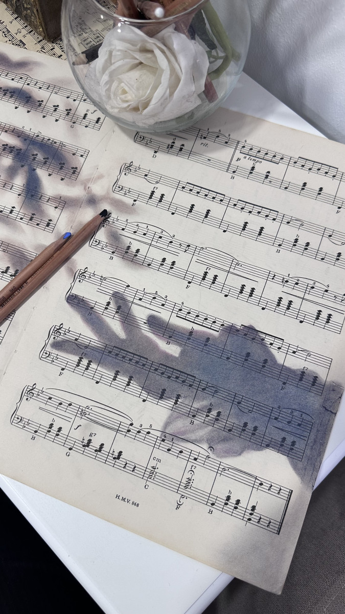 Shadow Sonata No.1 — Pastel Silhouette Art on Vintage Music Sheet