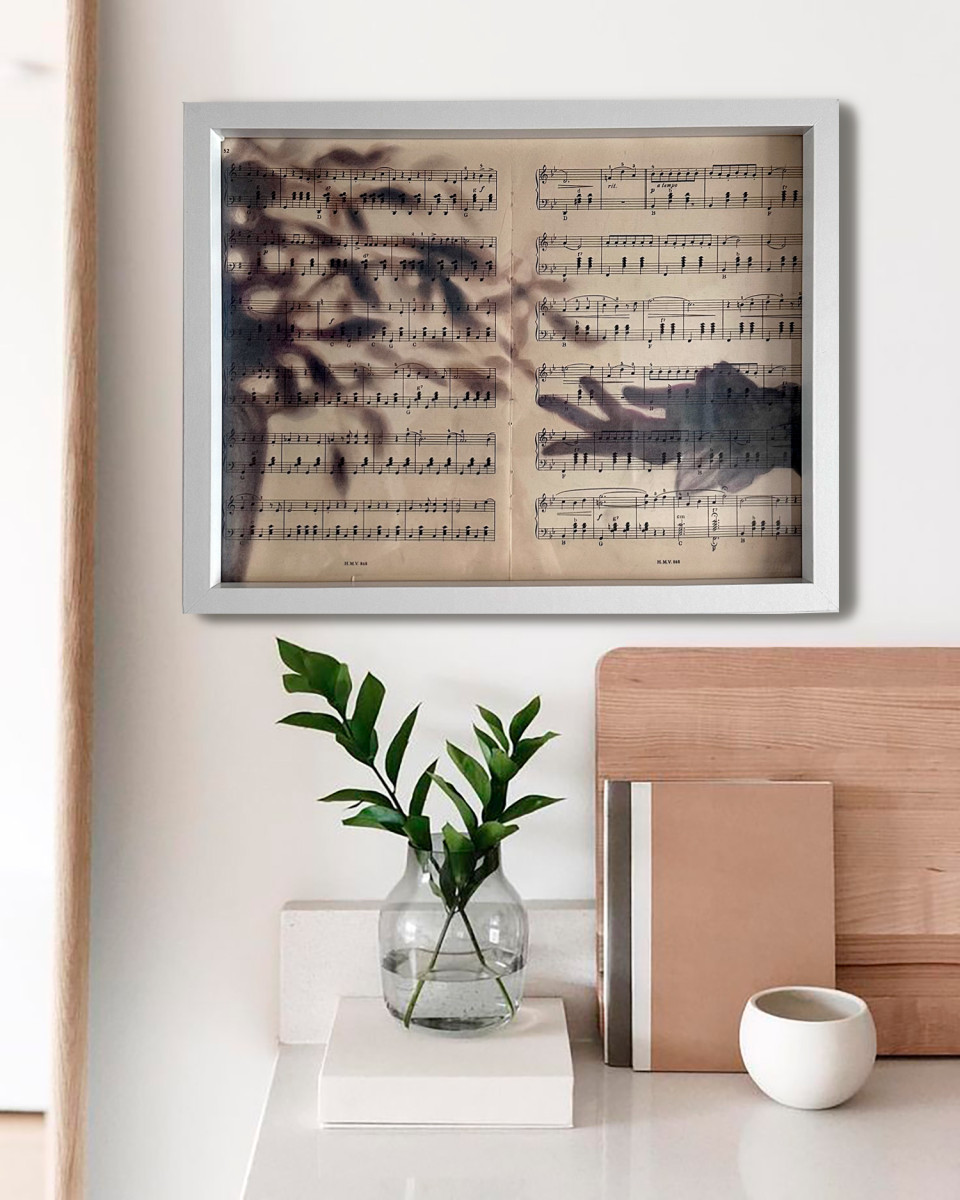 Shadow Sonata No.1 — Pastel Silhouette Art on Vintage Music Sheet