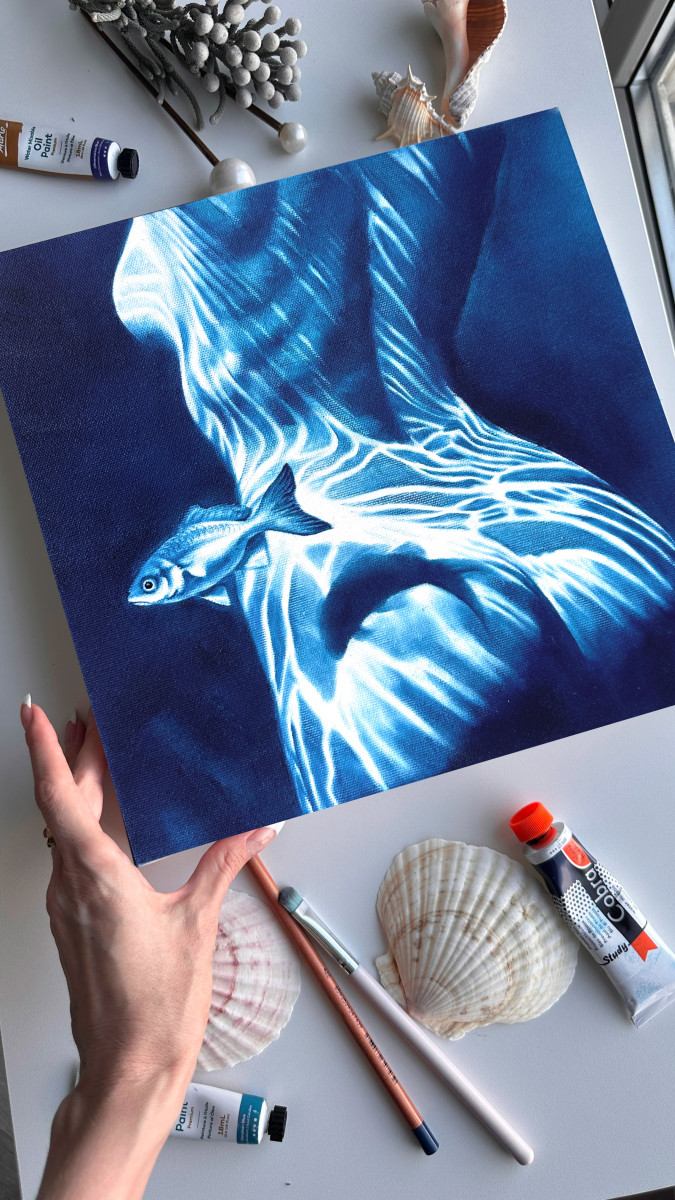 Turn the Other Cheek – Blue Female Nude with Fish Shadow