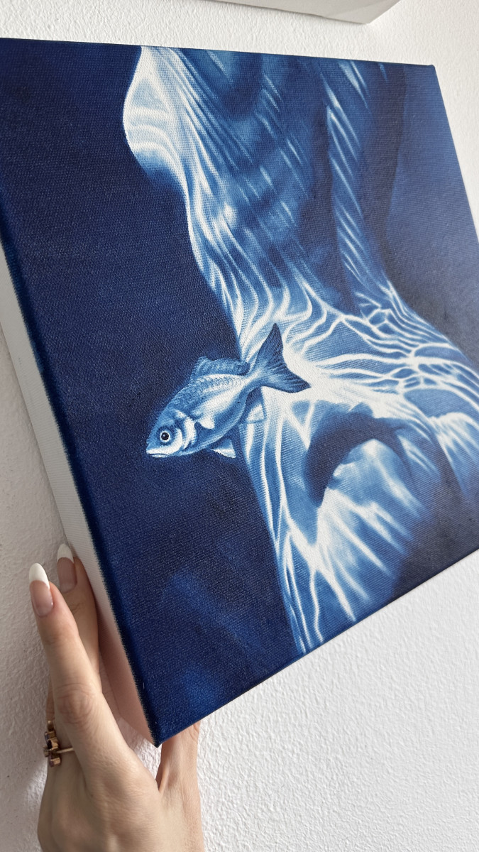 Turn the Other Cheek – Blue Female Nude with Fish Shadow
