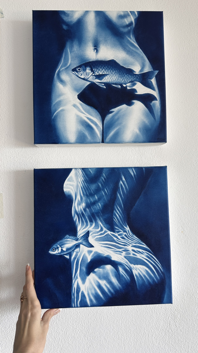 Turn the Other Cheek – Blue Female Nude with Fish Shadow