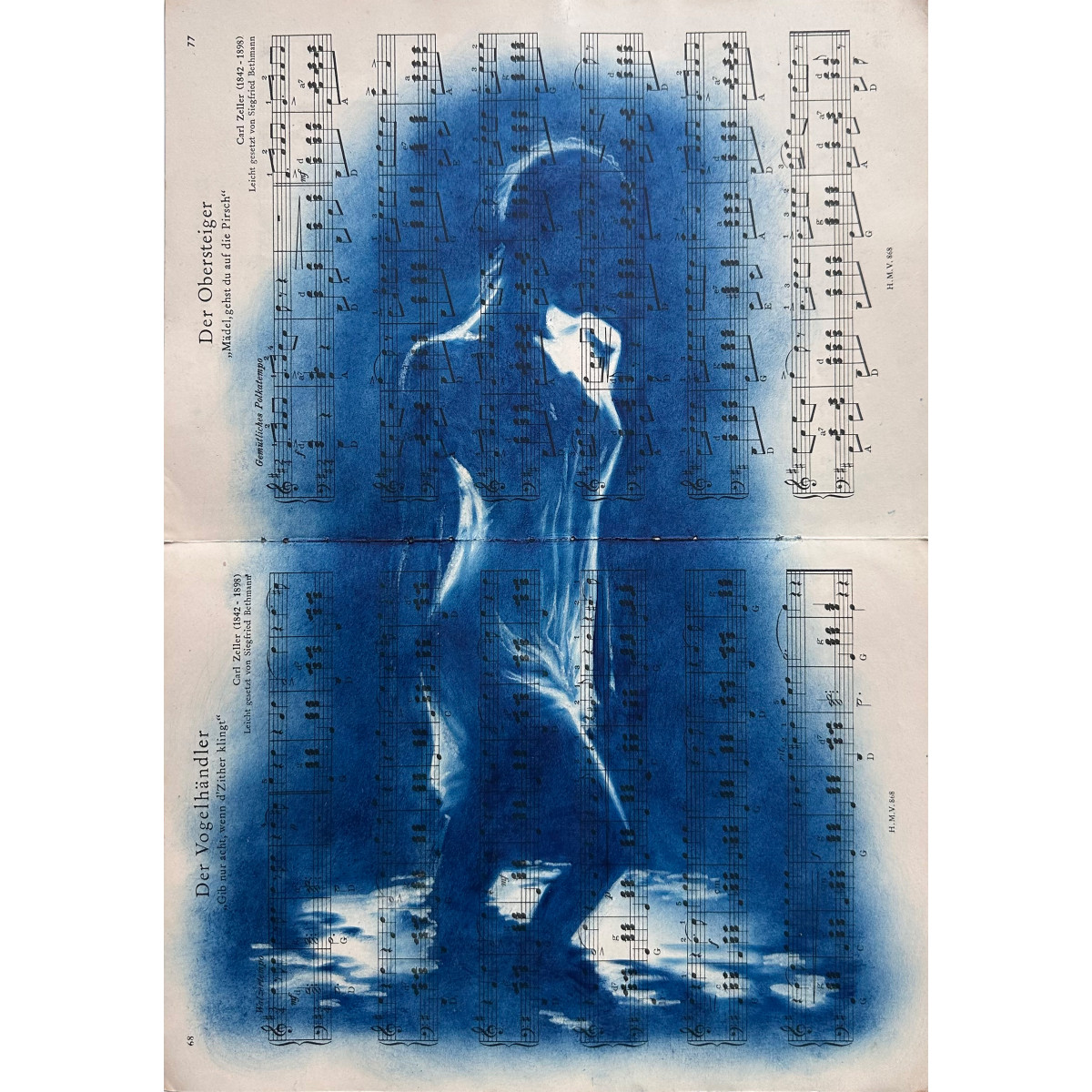 Muse №4 -Moonlight Blue Figurative Painting on Vintage Sheet Music – Female Silhouette, Water Reflection, Inspiration Art Series
