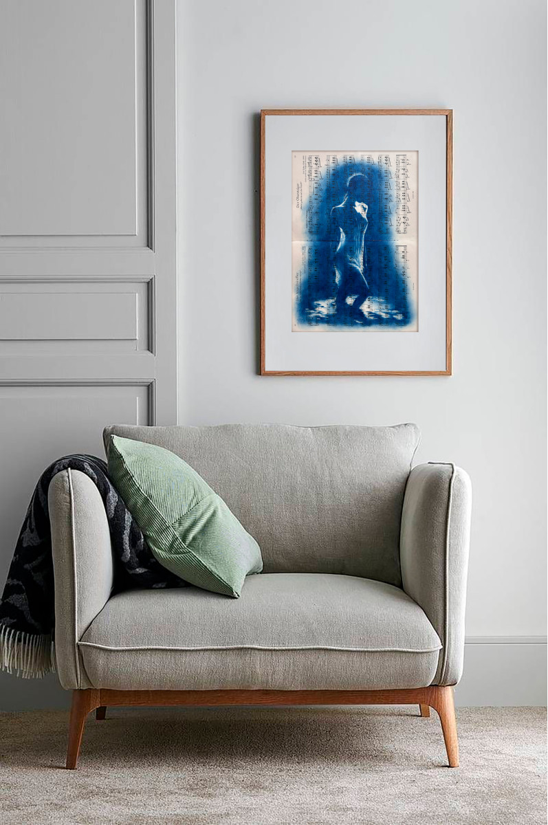 Muse №4 -Moonlight Blue Figurative Painting on Vintage Sheet Music – Female Silhouette, Water Reflection, Inspiration Art Series